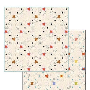 May include: Two square quilt patterns with a cream background, featuring scattered black dots and colorful star-like shapes in red, orange, and yellow. The text "Starry Quilt" is at the bottom, with the designer's name at the top.
