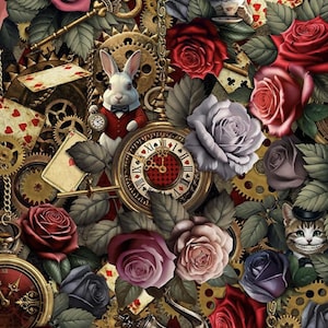 May include: A whimsical illustration featuring elements from Alice in Wonderland. A white rabbit in a red vest holds a pocket watch, surrounded by roses, playing cards, gears, and a grinning Cheshire Cat. The color palette includes red, gold, and various shades of purple.
