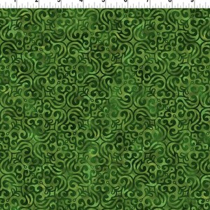 May include: A fabric with a repeating pattern of dark green and light green swirls and curls. The design is dense and covers the entire surface, creating a textured appearance. The fabric has a batik style with variations in color.