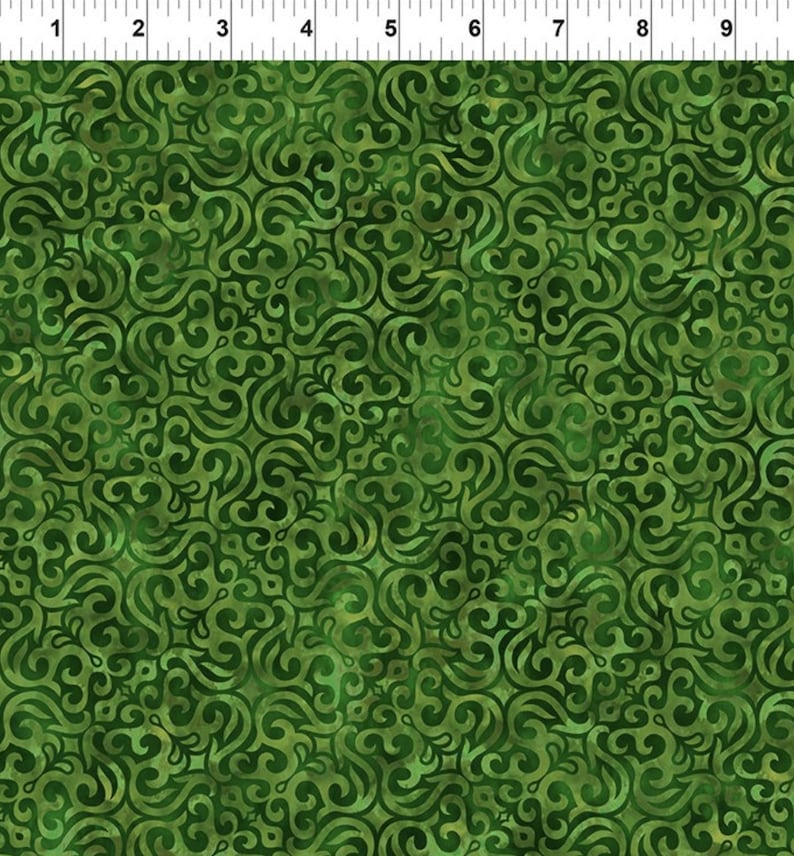 May include: A fabric with a repeating pattern of dark green and light green swirls and curls. The design is dense and covers the entire surface, creating a textured appearance. The fabric has a batik style with variations in color.