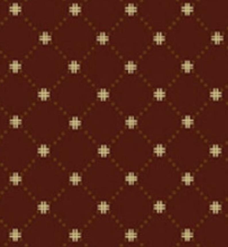 May include: A deep maroon fabric featuring a repeating diamond grid pattern. Each intersection of the grid is marked by a small, light beige cross-shaped motif, while the lines of the diamond pattern are formed by tiny, subtle dots.