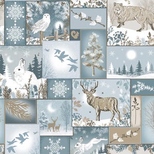 May include: A winter-themed patchwork design featuring various woodland creatures and winter elements. The design includes a white owl, a fox, deer, rabbits, snowflakes, and trees, all set against a backdrop of blue, white, and brown squares.
