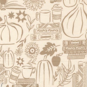 May include: A light beige fabric featuring a repeating pattern of brown line drawings. The design includes pumpkins, stacks of books, sunflowers, oak leaves, apples, coffee cups, and small star shapes arranged in a dense, continuous print.
