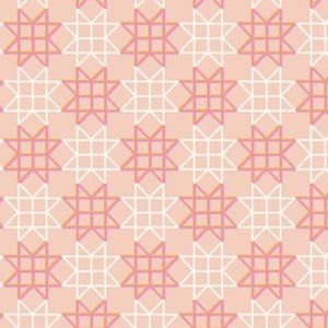 May include: A seamless pattern featuring a repeating geometric design. The pattern consists of star-like shapes in shades of pink and white, set against a light peach background. The design has a modern, symmetrical aesthetic.