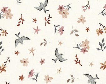 May include: Off-white fabric with a repeating pattern of gray birds in flight, pink and tan flowers, brown sprigs, and small star shapes. The design has a watercolor effect, creating a soft, vintage aesthetic.