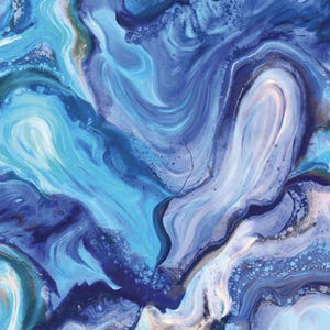 May include: Abstract painting with swirling blue, teal, and purple colors. The colors blend together to create a marbled effect.