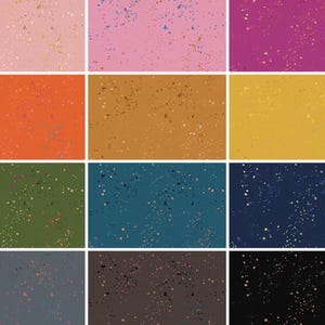 May include: A collection of fabric swatches in various colors, each featuring a speckled pattern. Colors include pink, orange, gold, green, blue, and black. The speckled design consists of small, irregular dots in contrasting colors, creating a textured effect.