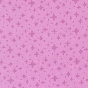 May include: A light pink fabric featuring a repeating pattern of darker pink four-pointed stars and small circular dots scattered across the surface. The textile has a visible woven texture and a consistent, uniform distribution of the star and dot motifs.