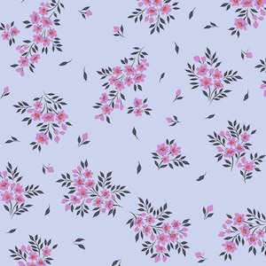 May include: A repeating pattern of small pink flowers with dark gray leaves and accents on a light blue background. The floral design is scattered across the surface, creating a delicate and feminine aesthetic.