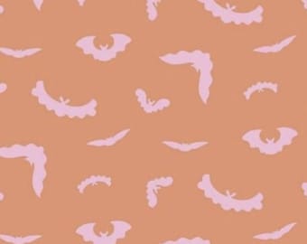 May include: A repeating pattern on a terracotta orange background featuring light pink silhouettes of bats in various flight positions and orientations, including some bats shown with wings spread and others with wings folded in a curved shape.