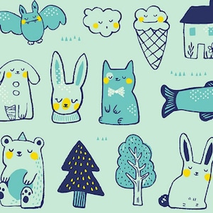 May include: A whimsical illustration featuring a variety of cute characters and objects, including a fish, bat, cloud, ice cream cone, house, star, dog, rabbit, cat, tree, and moon. The illustration is drawn in a hand-drawn style with blue, yellow, and white colors on a light green background.