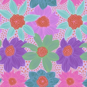 May include: A repeating pattern of stylized flowers in shades of pink, purple, green, and teal. The flowers have orange centers and are set against a light purple background dotted with small orange stars. The design is vibrant and colorful.