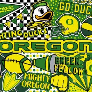 May include: A collage of Oregon Ducks sports graphics featuring a duck mascot, football helmet, basketball, megaphone, and foam finger in green and yellow. Text includes GO DUCKS, FIGHTING DUCKS, OREGON, MIGHTY OREGON, and GREEN YELLOW.