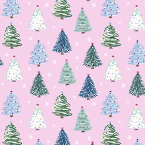 May include: A repeating pattern of watercolor Christmas trees in various colors, including green, blue, and white, on a pink background. Each tree is decorated with colorful dots and topped with a pink star. The design includes small white dots scattered throughout.