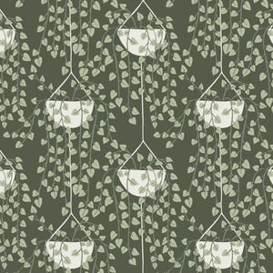 May include: A seamless pattern featuring hanging plants with white pots and green leaves on a dark green background.