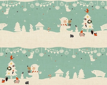 May include: A teal and white patterned fabric with a repeating design of polar bears, snowmen, and Christmas trees. The fabric features a festive winter scene with ornaments, candy canes, and stars.