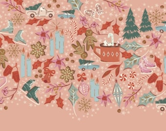 May include: A light pink fabric featuring a repeating holiday pattern of gingerbread people, red mugs with candy canes, blue cars carrying Christmas trees, ice skates, mittens, holly leaves, snowflakes, ornaments, and candles in a festive arrangement.