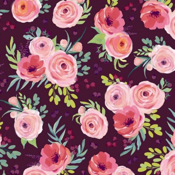 FAT QUARTER - Michael Miller - Breakfast in Bed - Winter Bouquet - Plum