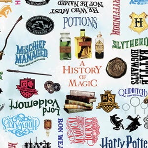 May include: A repeating pattern featuring various elements from the Harry Potter series. The design includes potion bottles, book stacks, crests for Gryffindor and Hufflepuff, and the text "A History of Magic". The background is a light blue.