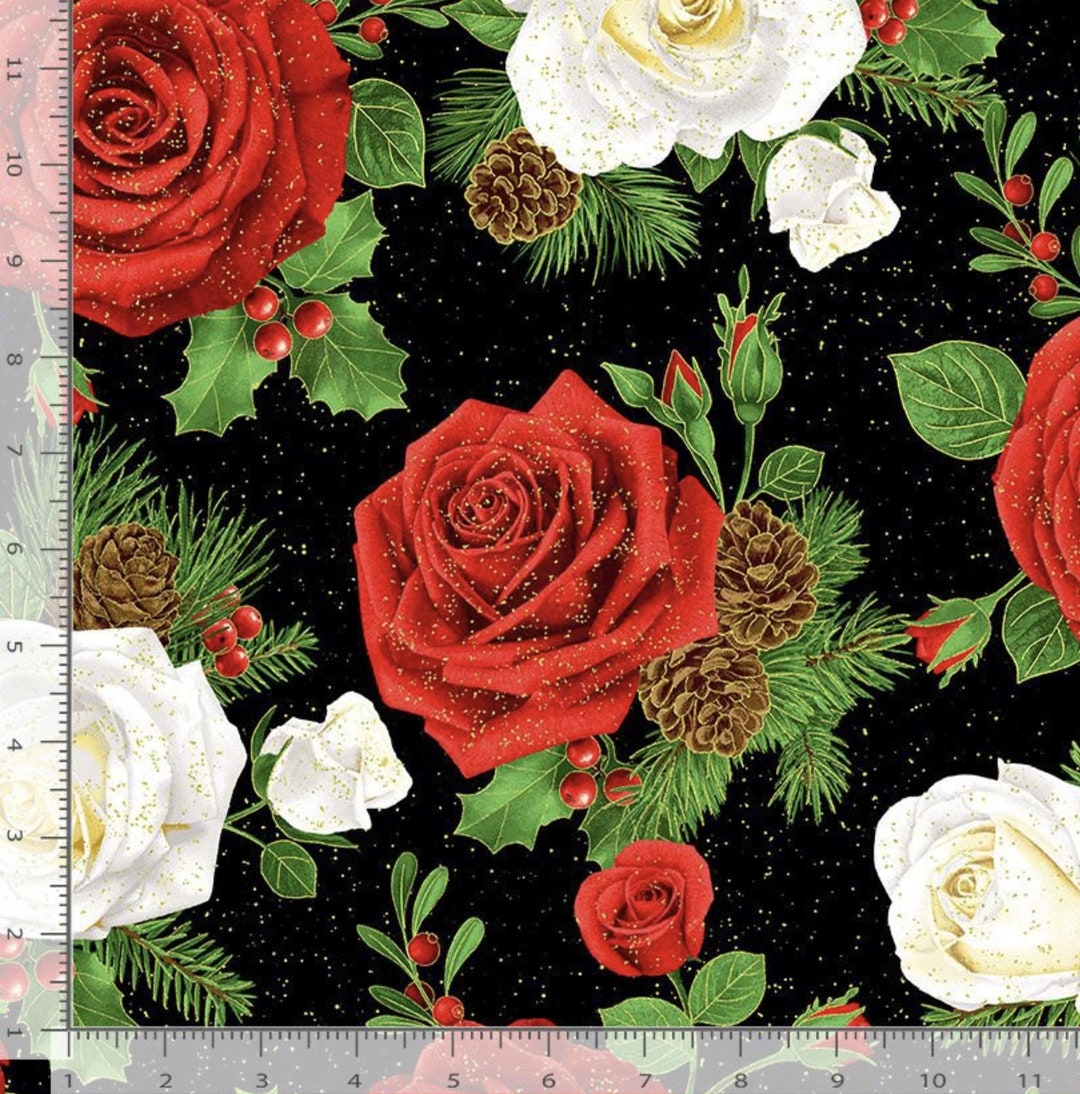 Timeless Treasures WINTER ROSE by Chong A Hwang Roses & Pinecone ...
