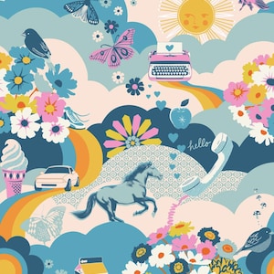 May include: A whimsical, retro-style pattern featuring a pink typewriter, butterflies, flowers, a rainbow, and a running horse. The design incorporates a pastel color palette with blue, pink, yellow, and orange hues, creating a cheerful and nostalgic aesthetic.