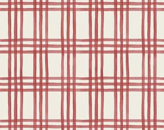 May include: A repeating pattern of red watercolor lines on a cream background. The lines intersect to create a plaid design. The pattern is suitable for fabric, wallpaper, or other decorative applications.