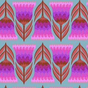 May include: A repeating pattern of stylized flowers in shades of pink, purple, and brown against a light blue background. The flowers have a bell-like shape with detailed petal edges and long stems with leaves. The design is symmetrical and vibrant.