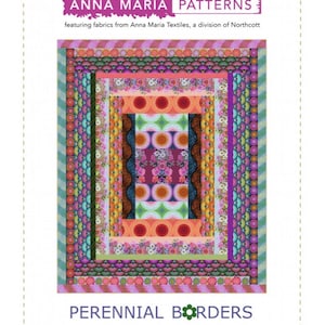 May include: A colorful fabric pattern design titled "Anna Maria Patterns" featuring the text "Perennial Borders." The design showcases a layered rectangular composition with floral and geometric patterns in shades of pink, orange, green, and purple. The dimensions are 76" x 92".