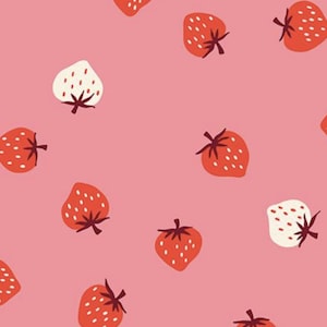 May include: A repeating pattern of red strawberries with white seeds and green stems scattered on a pink background. Some strawberries are white with red seeds. The design is simple and playful.
