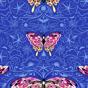May include: A repeating pattern featuring butterflies with pink, yellow, and black wings against a deep blue background. The design includes floral and web-like elements, creating a decorative and whimsical aesthetic.