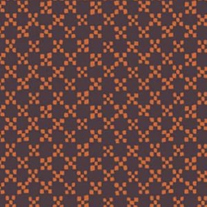May include: A repeating pattern of small, orange, pixelated shapes arranged in a diagonal grid on a dark brown background. The design creates a textured, geometric effect, suitable for fabric or wallpaper.