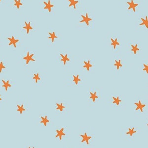 May include: A light blue background with a repeating pattern of orange stars. The stars are evenly spaced and vary slightly in size, creating a playful and whimsical design. This pattern is suitable for various applications.