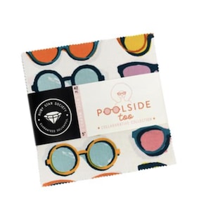 May include: A stack of fabric squares with a sunglasses pattern in orange, blue, yellow, and pink on a white background. The label reads "Poolside too Collaborative Collection" and "Ruby Star Society Guaranteed Delightful".