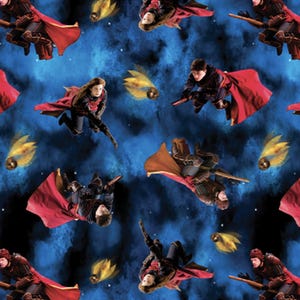 May include: A repeating pattern featuring figures in maroon and black uniforms riding brooms against a starry blue background. Golden Snitches are also scattered throughout the design, creating a dynamic and whimsical scene.