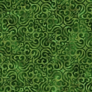 May include: A seamless fabric pattern featuring a repeating design of swirling, stylized leaves and vines in shades of green. The pattern has a batik-like appearance with variations in color and texture.
