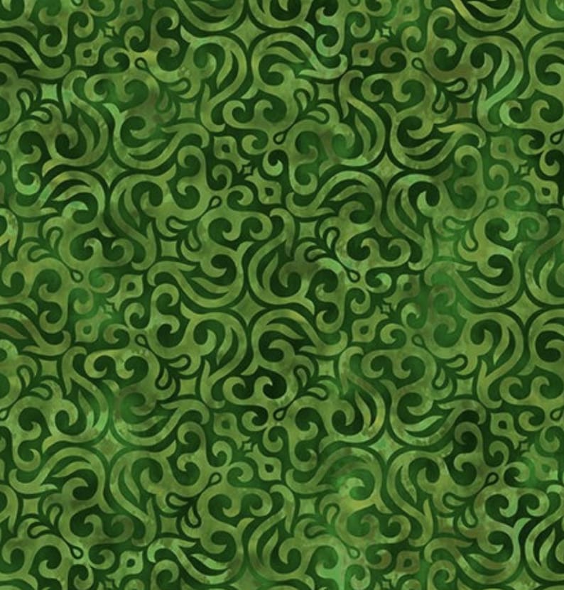 May include: A seamless fabric pattern featuring a repeating design of swirling, stylized leaves and vines in shades of green. The pattern has a batik-like appearance with variations in color and texture.