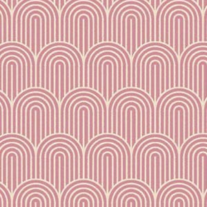 May include: A repeating pattern of pink and off-white arches. The design features rows of connected, rounded arches in a soft pink hue, outlined with thin, off-white lines. The arches create a textured, geometric effect.