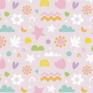 May include: A repeating pattern of pastel-colored shapes on a light pink background. The design includes flowers, stars, rainbows, clouds, hearts, and zigzags in shades of pink, yellow, green, and purple. The pattern is whimsical and playful.