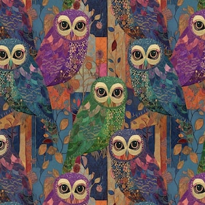 May include: A repeating pattern featuring colorful owls in shades of purple, blue, and green. The owls have large eyes and are set against a backdrop of abstract shapes and foliage. The overall design has a whimsical, artistic feel.