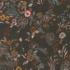 May include: Dark gray fabric with a floral pattern. The design features various flowers in shades of pink, orange, yellow, and green, with white outline details. The overall aesthetic is a mix of botanical and vintage styles.