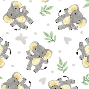 May include: A repeating pattern of cartoon elephants in gray with yellow ears and bellies, set against a white background. The design includes green leaves, gray hearts, and a butterfly. This pattern is suitable for baby products.