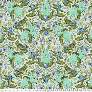 May include: A repeating pattern featuring stylized mint green rabbits, blue flowers, and green foliage on a light grey background. The design has a vintage, ornate feel, with symmetrical arrangements of the elements.