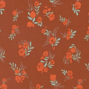 May include: Close-up of a fabric with a repeating floral pattern. The design features orange flowers and light blue leaves on a dark orange background. The flowers are stylized with white outlines, creating a delicate, artistic look. This fabric is suitable for various sewing projects.
