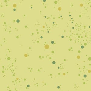 May include: A light yellow background with a scattered pattern of small green and yellow circles.