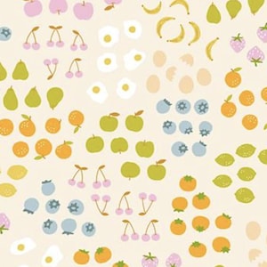 May include: A cream-colored fabric with a repeating pattern of various fruits and breakfast foods. The design includes apples, cherries, oranges, lemons, blueberries, strawberries, bananas, pears, and fried eggs.