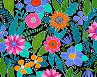 SALE Quilting Treasures FLOWERFUL by Christine Graf Large Floral and Leaves Black