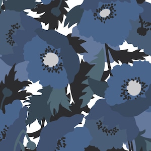 May include: A seamless pattern featuring stylized blue poppy flowers with gray centers and dark gray leaves against a white background. The floral design has a modern, artistic aesthetic, suitable for various applications.