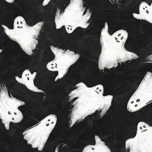 May include: A repeating pattern of white ghost illustrations on a black background. The ghosts have simple, smiling faces and varying shapes. The background has a textured, brushstroke effect, creating a spooky, Halloween-themed design.