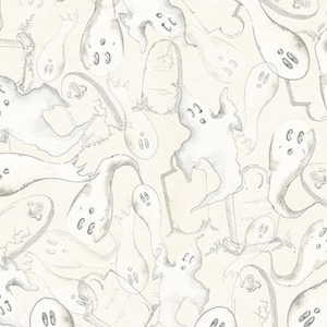 May include: A repeating pattern on a light cream background featuring hand-drawn style illustrations of various ghosts with simple facial expressions and gravestones with cracked textures, rendered in shades of gray and black ink lines.