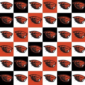 May include: A repeating pattern of a beaver head logo in black and orange on a checkered background of black, white, and orange squares. The beaver logo is a stylized illustration.